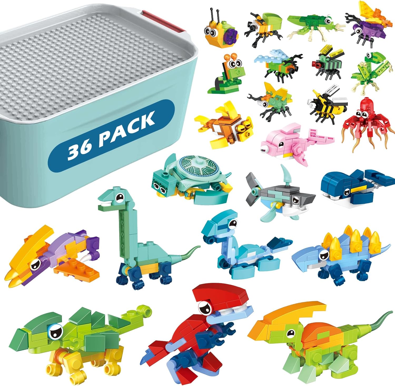 LEBOCADO Small Animal Building Blocks for Kids, Dinosaur Insect Sea Animal Blocks for Boys Girls, STEM Building Toy Gift for Party Favor Prizes Birthday Goodie Bags - 36 Pack with Toy Storage