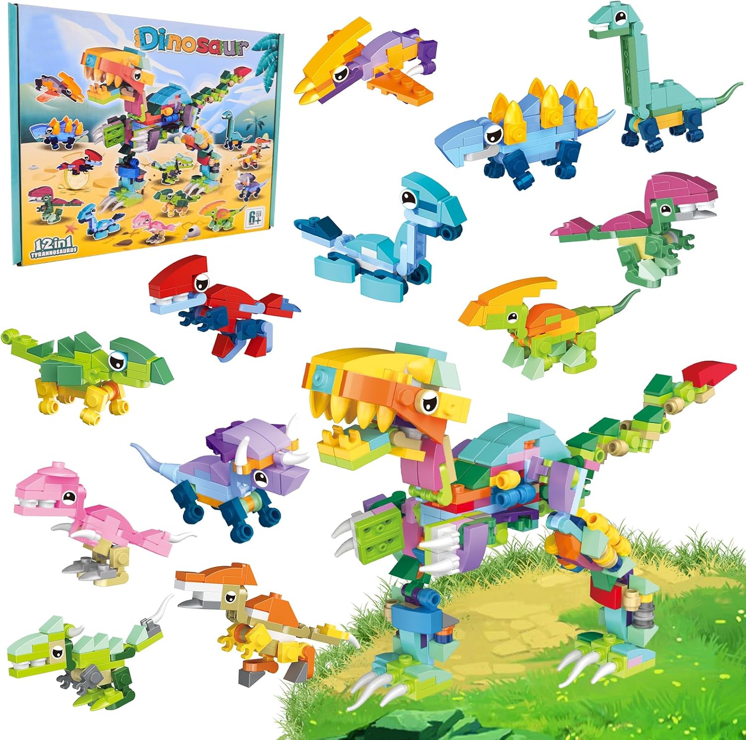 LEBOCADO 12 in 1 Dinosaur Building Block Set Party Favor for Kids, STEM Building Blocks Toys Mini Dinosaur for Classroom Prizes Christmas Goodie Bag Birthday Gift - 12 pack