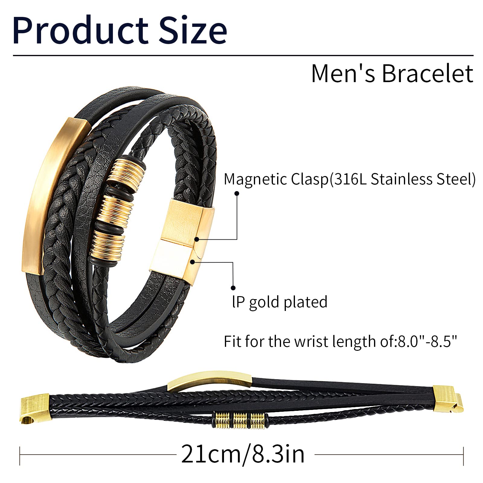 LEBOCADO Genuine Leather Bracelet for Men Stainless Steel Charm Magnetic Clasp Classic Multi-layer Mens Bracelet Gift for men Length 8.26 inch