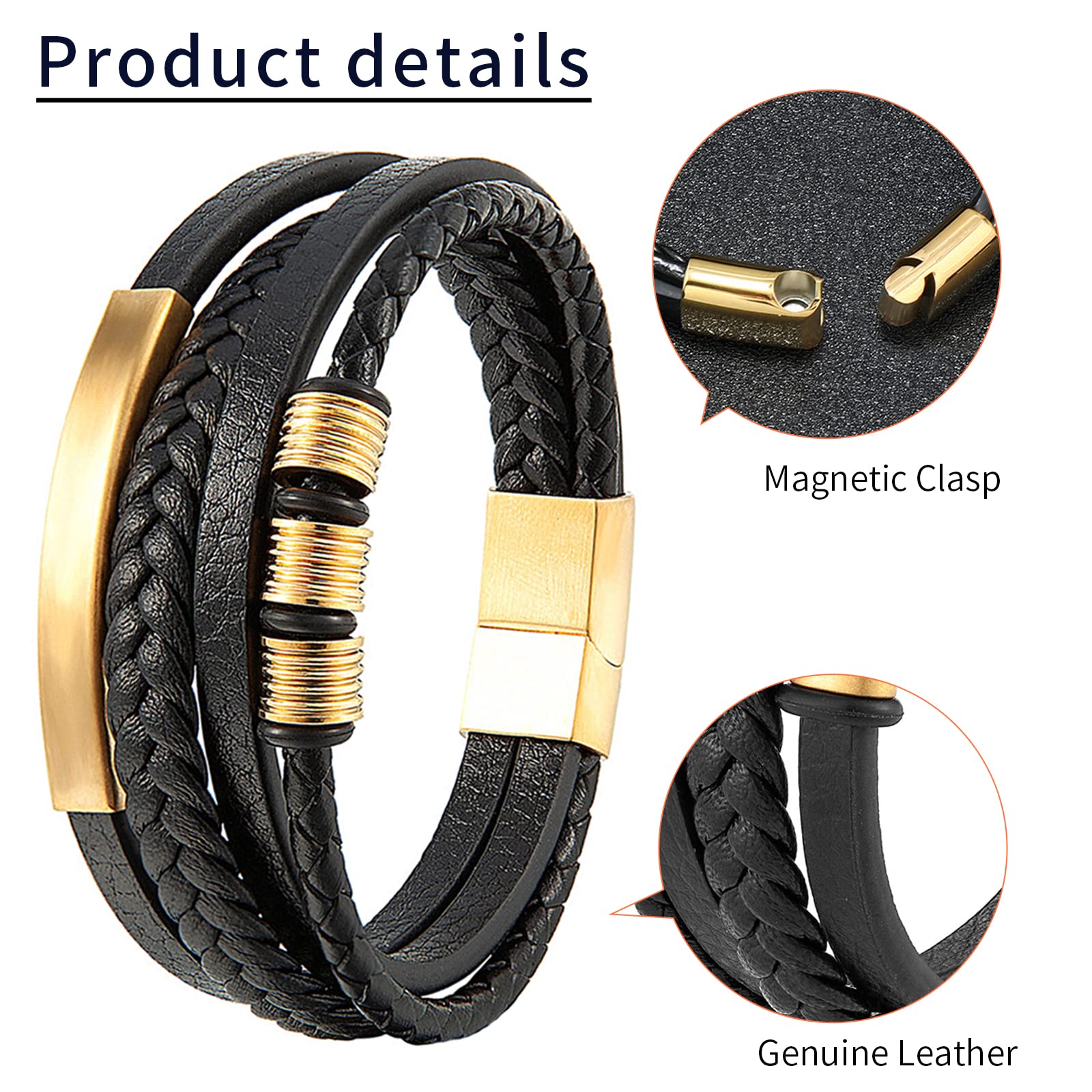 LEBOCADO Genuine Leather Bracelet for Men Stainless Steel Charm Magnetic Clasp Classic Multi-layer Mens Bracelet Gift for men Length 8.26 inch