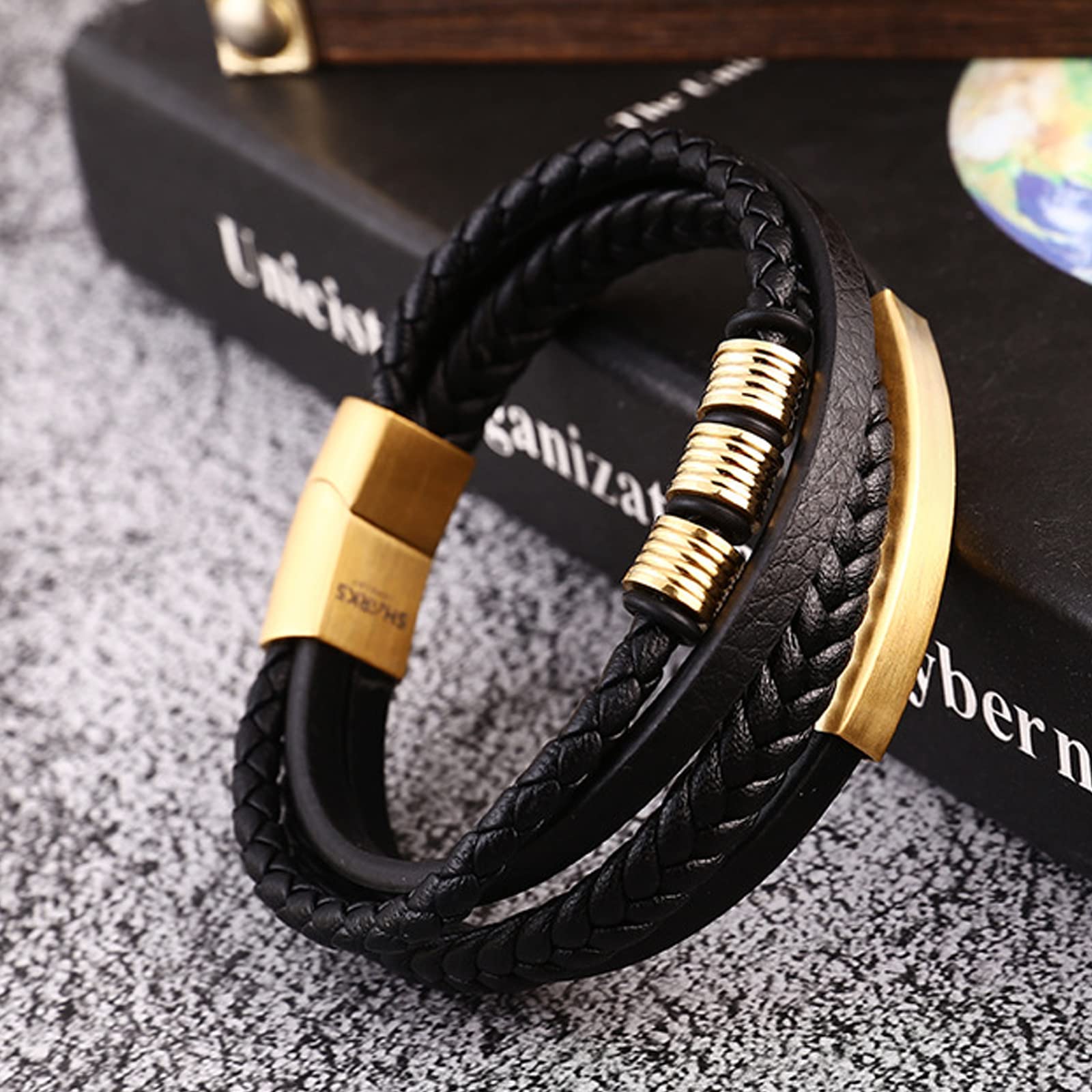 LEBOCADO Genuine Leather Bracelet for Men Stainless Steel Charm Magnetic Clasp Classic Multi-layer Mens Bracelet Gift for men Length 8.26 inch