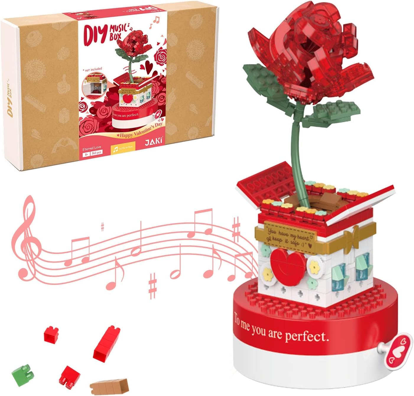 Building Blocks Music Box, Christmas Tree Building Blocks Kits Rose Flower Music Box Building Kit Christmas Building Block,Gift for Girlfriend Wife(Music Box - Rose)