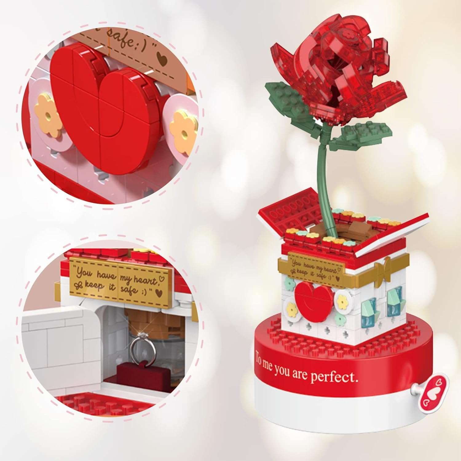 Building Blocks Music Box, Christmas Tree Building Blocks Kits Rose Flower Music Box Building Kit Christmas Building Block,Gift for Girlfriend Wife(Music Box - Rose)