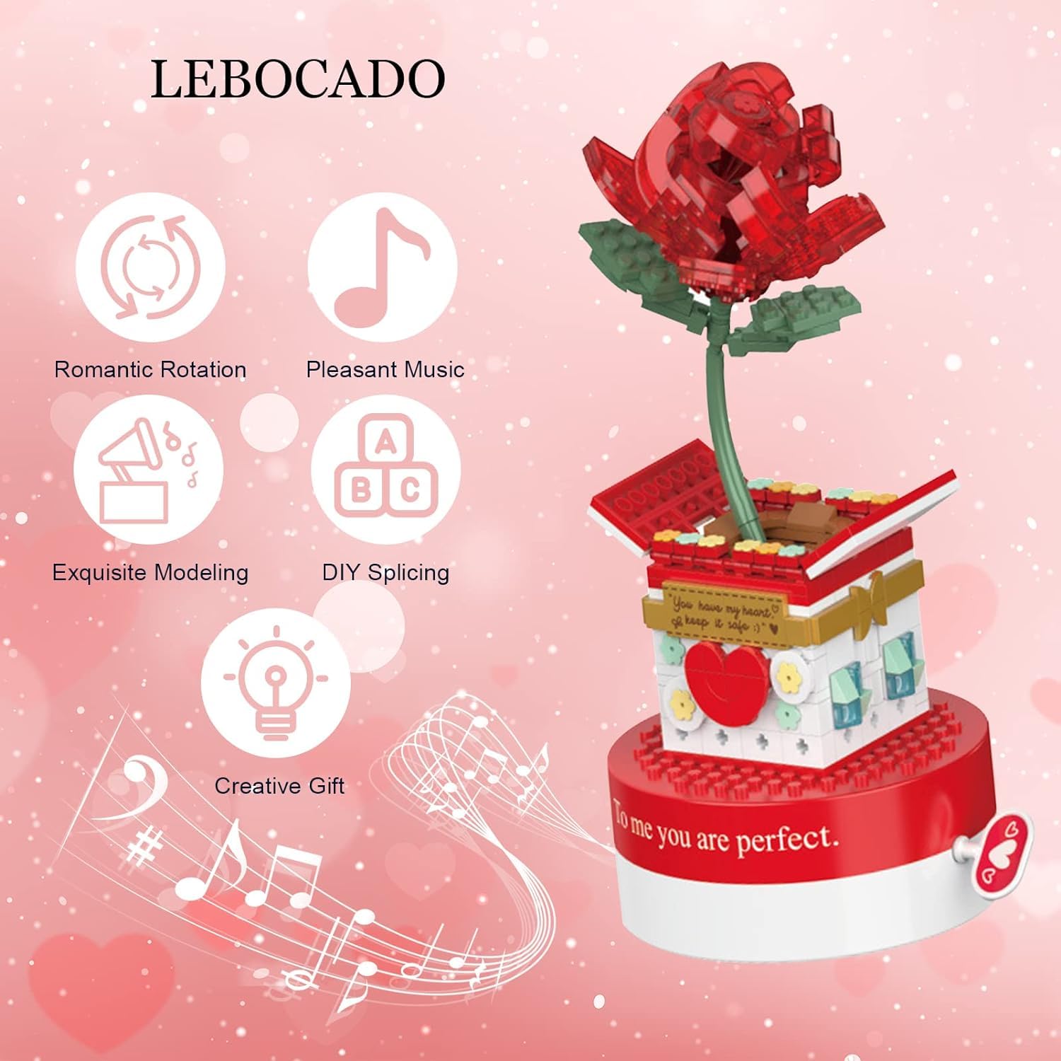 Building Blocks Music Box, Christmas Tree Building Blocks Kits Rose Flower Music Box Building Kit Christmas Building Block,Gift for Girlfriend Wife(Music Box - Rose)