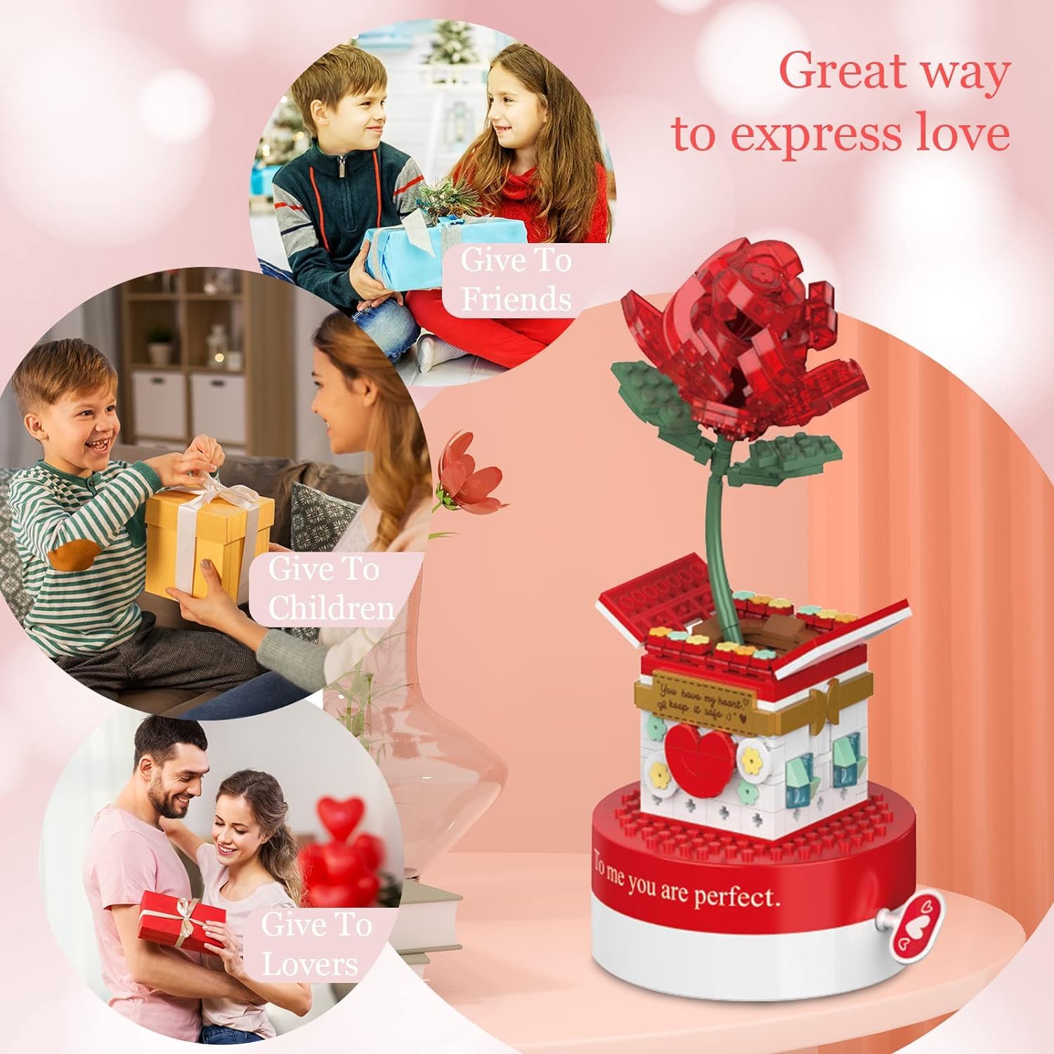 Building Blocks Music Box, Christmas Tree Building Blocks Kits Rose Flower Music Box Building Kit Christmas Building Block,Gift for Girlfriend Wife(Music Box - Rose)