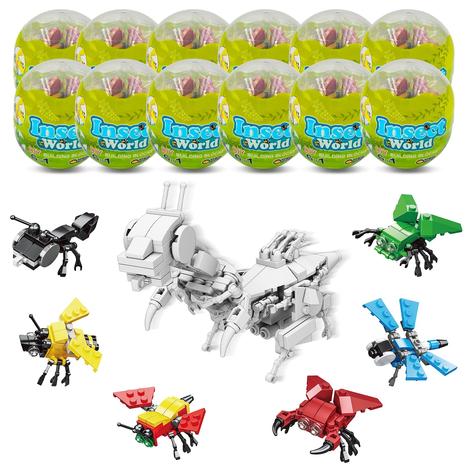 LEBOCADO Mini Building Block Sets, 12PCS Insects Building Blocks, 6 in 1 STEM Toys Eggs Building Sets, Party Favors for Kids Goodie Bags Prizes/Birthday Gifts