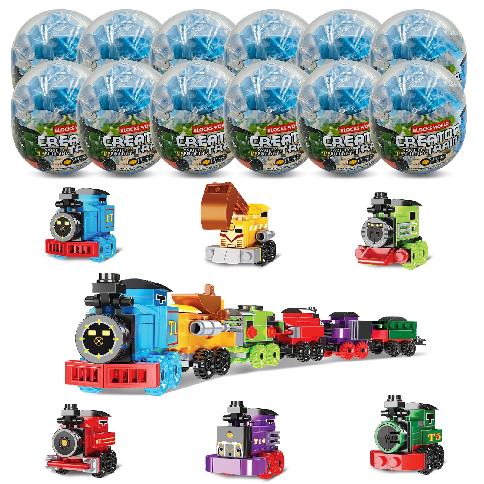 Mini Building Block Sets, 12PCS Vehicle Train Toys Building Blocks, 6 in 1 STEM Toys Eggs Building Sets, Party Favors for Kids Goodie Bags Prizes/Birthday Gifts