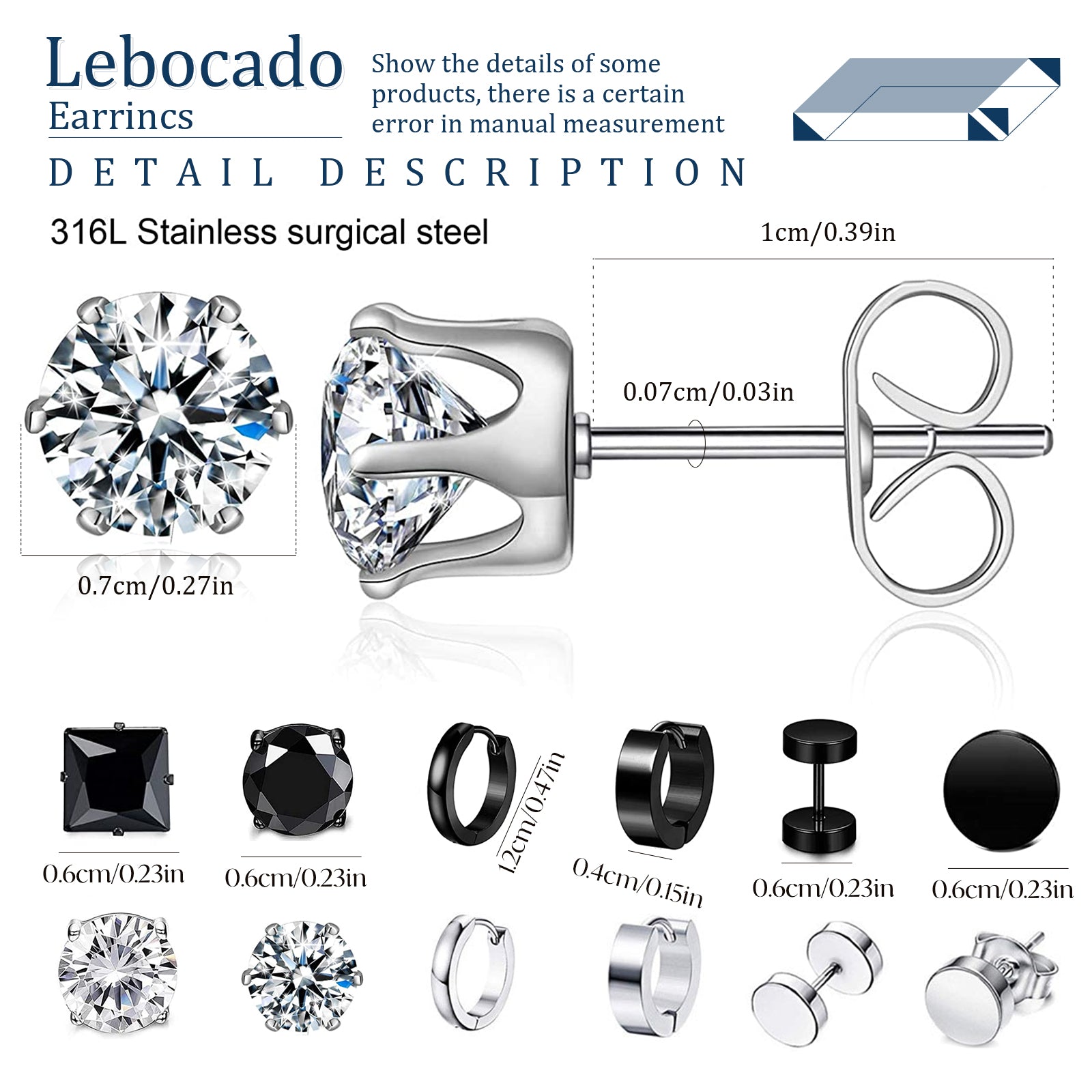 LEBOCADO 12 Pairs Stainless Steel CZ Stud Earrings