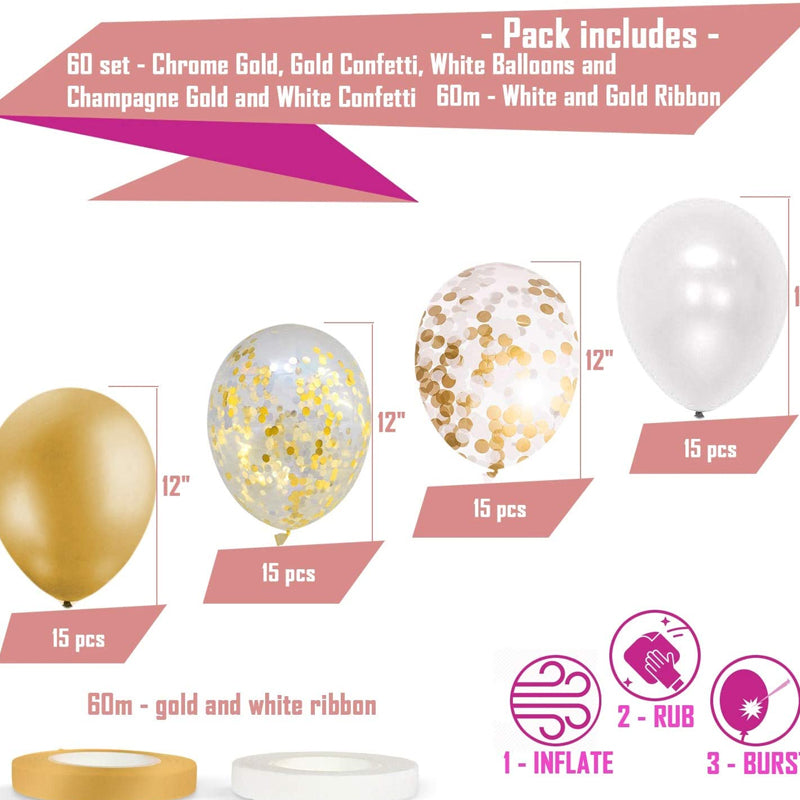 LEBOCADO 60 Pack Gold Balloons + Gold Confetti Balloons