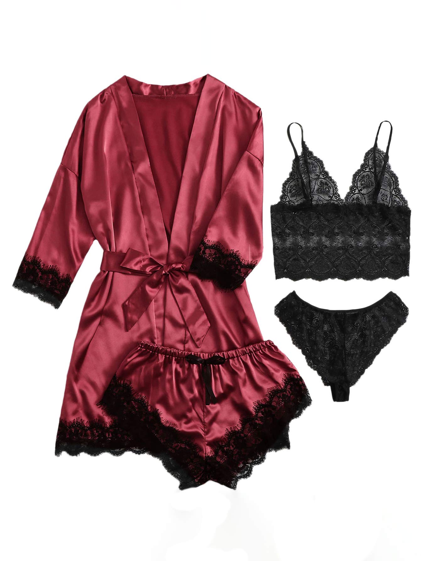 Women's 4 Pieces Satin Floral Lace Cami Top Lingerie Pajama Set with Robe