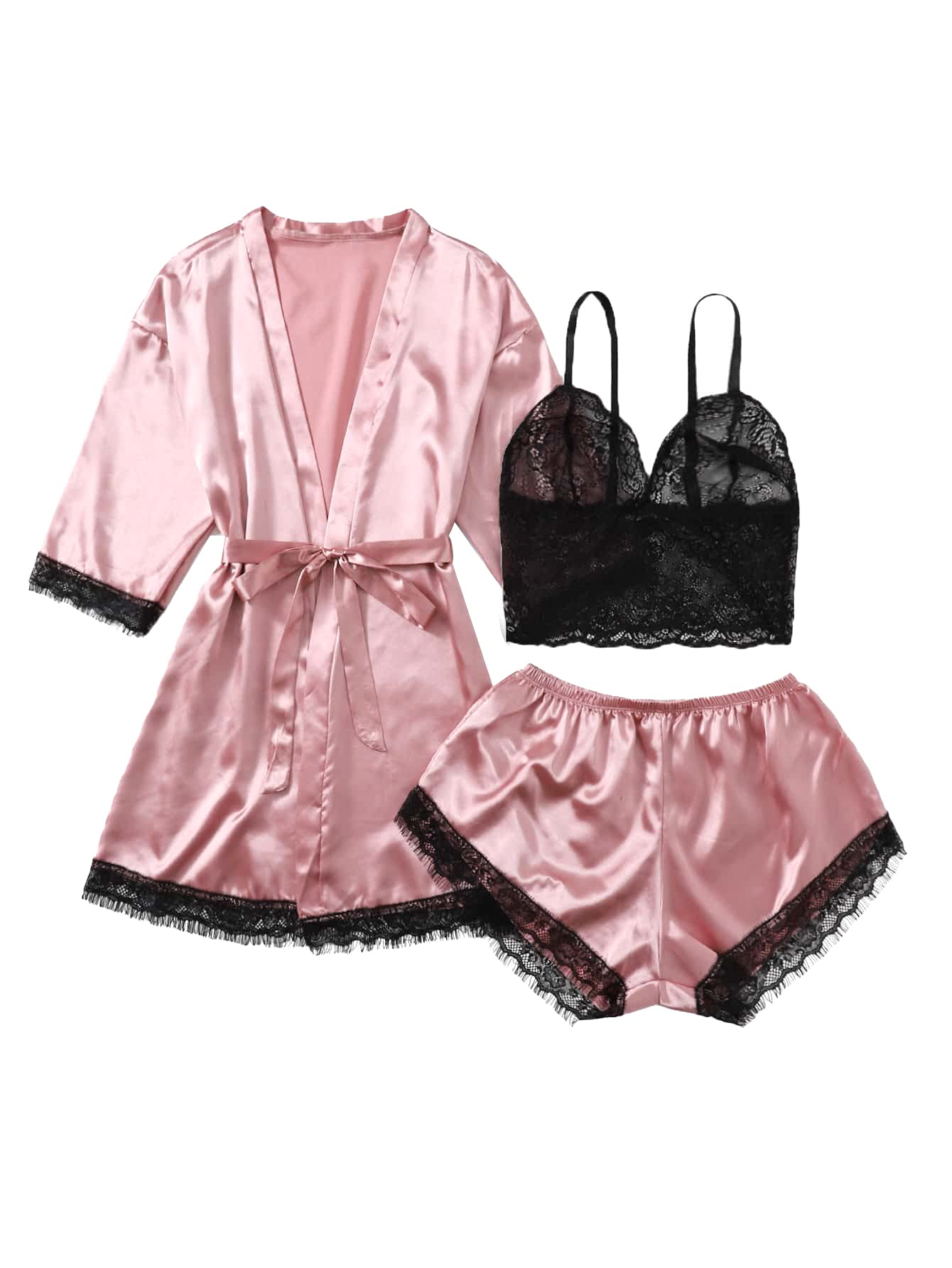 Women's 4 Pieces Satin Floral Lace Cami Top Lingerie Pajama Set with Robe