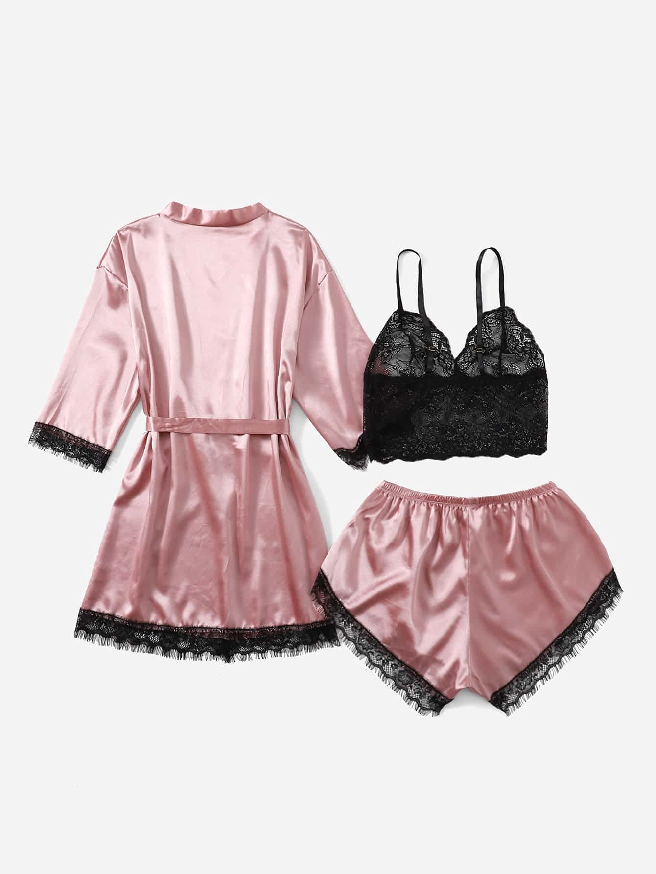 Women's 4 Pieces Satin Floral Lace Cami Top Lingerie Pajama Set with Robe