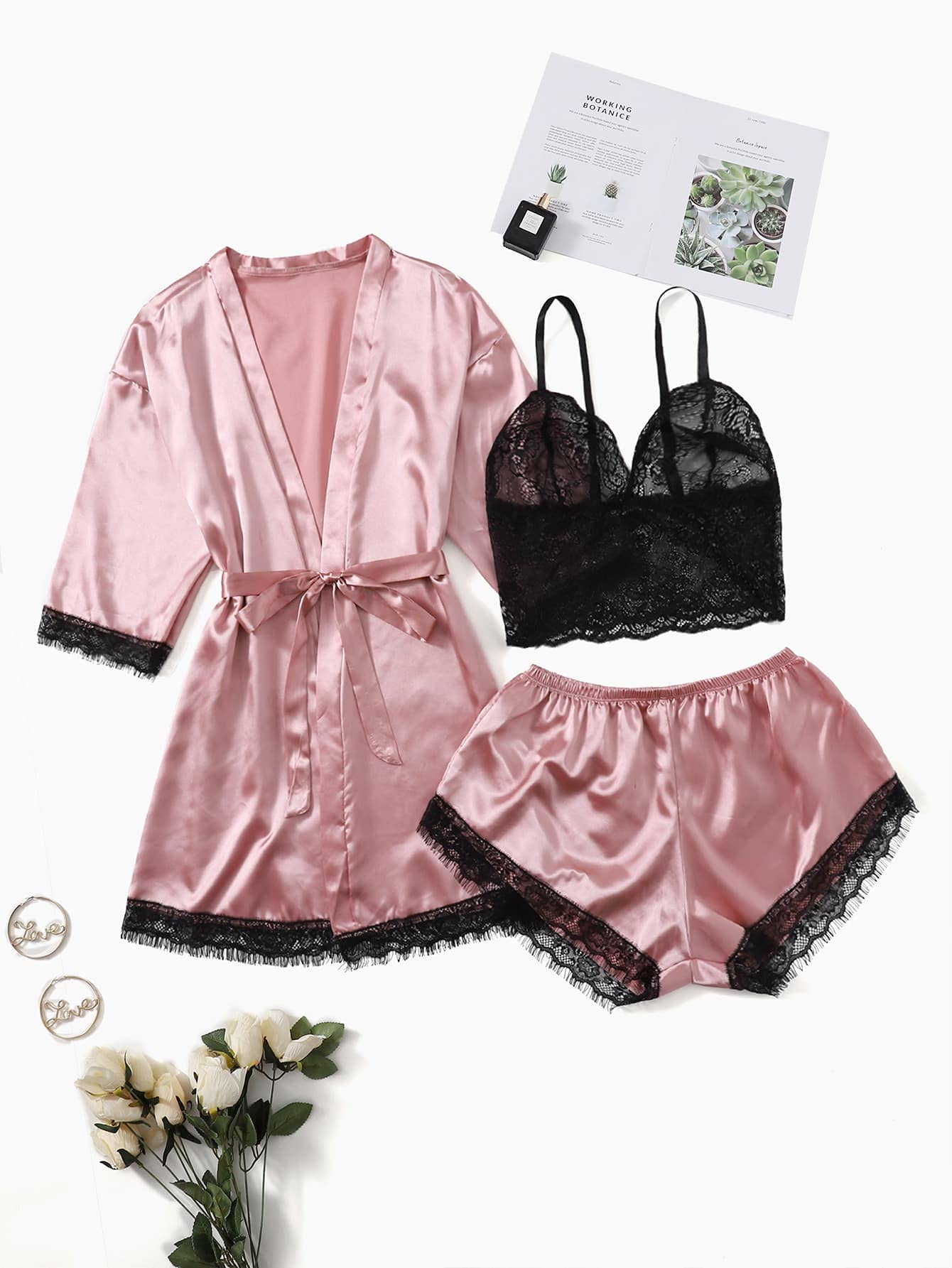 Women's 4 Pieces Satin Floral Lace Cami Top Lingerie Pajama Set with Robe