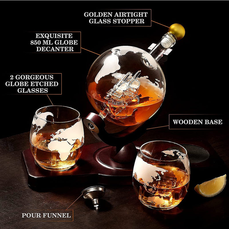 Whiskey Decanter Set with 2 Etched Globe Glasses Gifts for Men Women