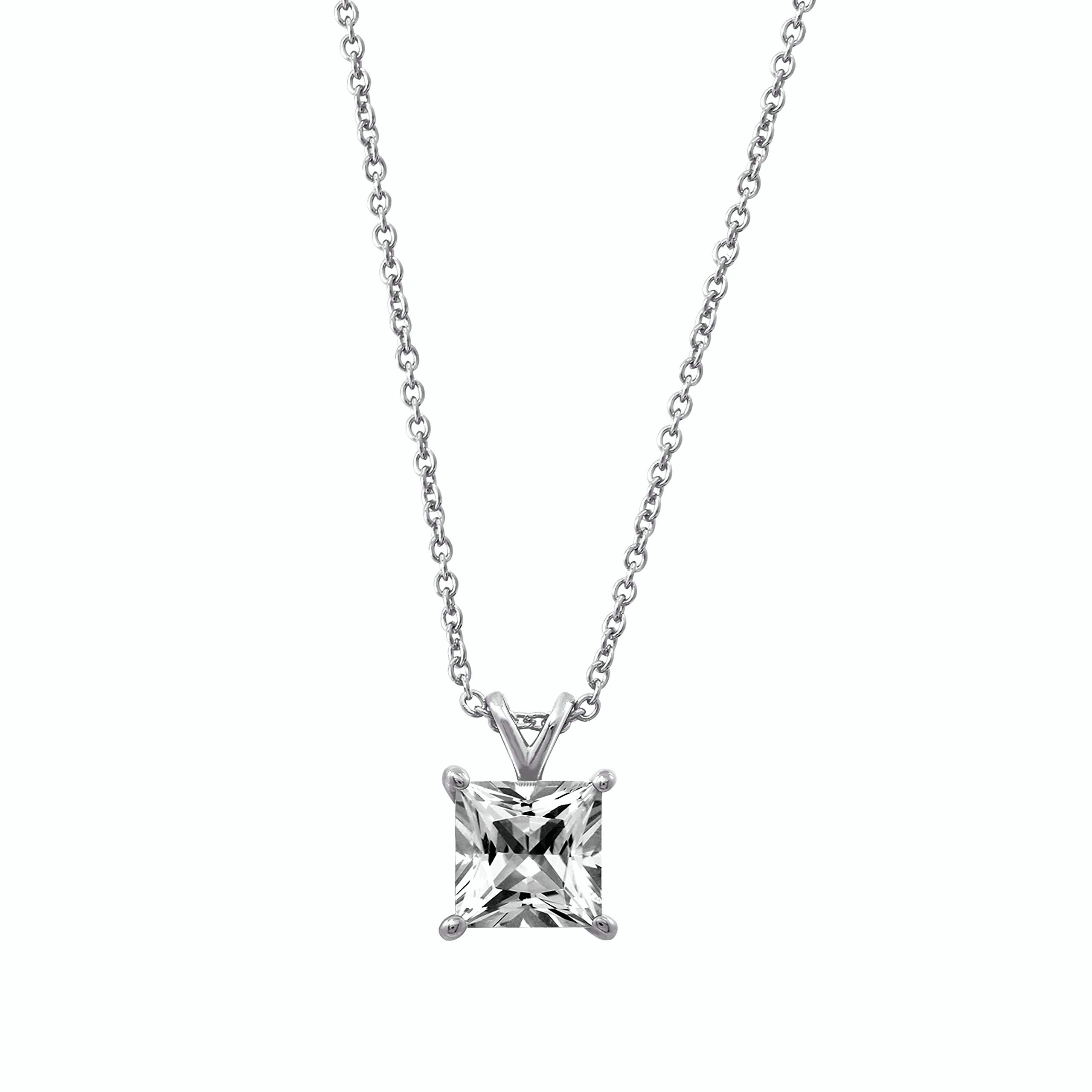 Platinum Plated Sterling Silver Princess Cut Solitaire Pendant Necklace made with Infinite Elements Zirconia, 18"