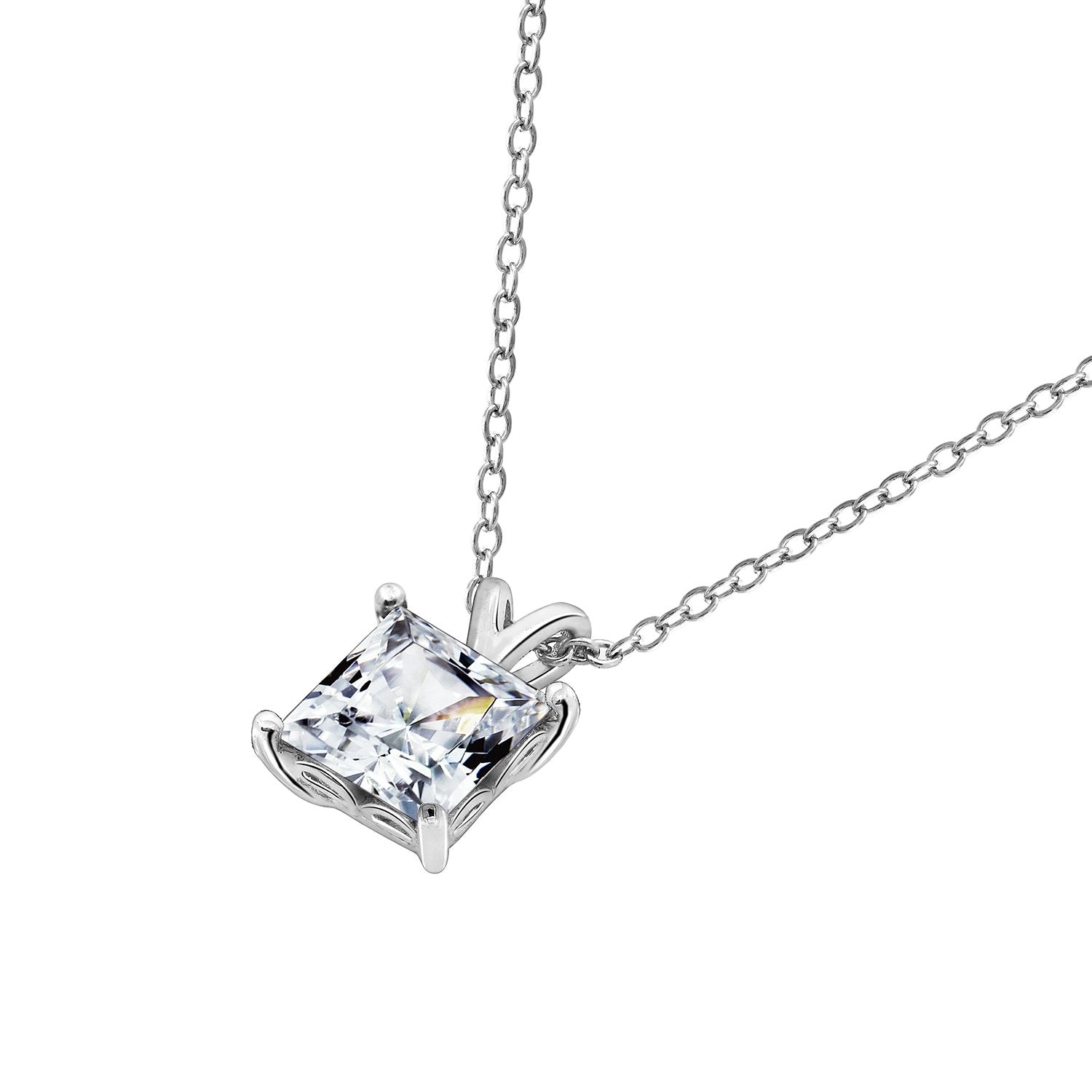 Platinum Plated Sterling Silver Princess Cut Solitaire Pendant Necklace made with Infinite Elements Zirconia, 18"